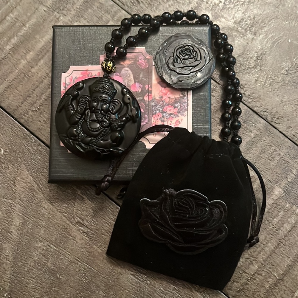 NWT Black Obsidian Ganesha Adjustable Necklace for Men or Women
